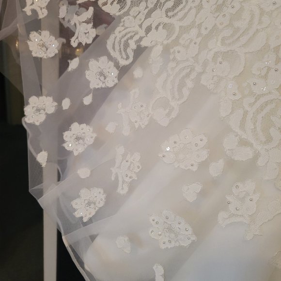 Oleg Cassini cap sleeve illusion wedding dress STYLE# CMK513 - Picture 9 of 11